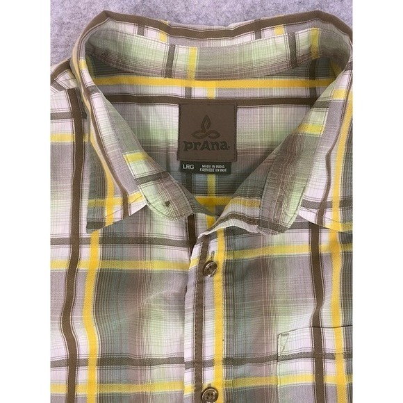 Prana Mens Plaid Short Sleeve Button Up Shirt Large Green Yellow Brown - Picture 1 of 5